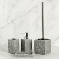 Set accessori per il bagno in resina effetto granito, composto da dispenser sapone liquido,porta spazzolino,portasapone,porta scopino