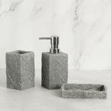 Set accessori per il bagno in resina effetto granito, composto da dispenser sapone liquido,porta spazzolino,portasapone,porta scopino