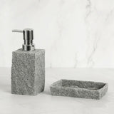 Set accessori per il bagno in resina effetto granito, composto da dispenser sapone liquido,porta spazzolino,portasapone,porta scopino